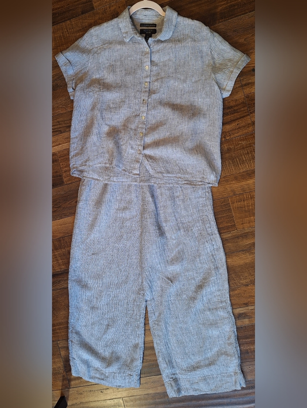 Linen  Summer Essentials  2pc Set Blue Heathered Top (L) & Wide Leg Pants (M)